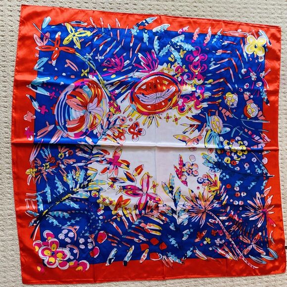 Blue & Red Silky Feel Satin Scarf Colorful Bandana Modern Art Floral 36” Square - Picture 3 of 8
